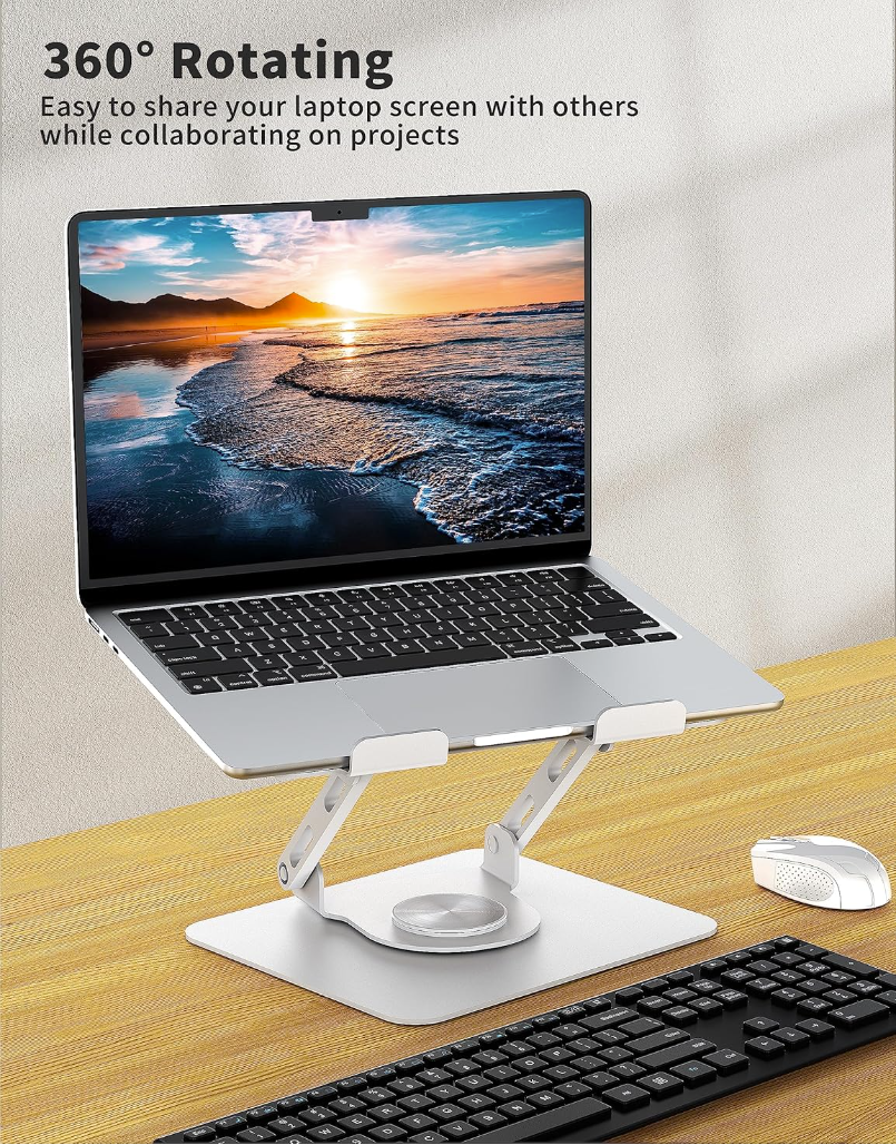 Laptop Stand with 360° Rotating Base, Ergonomic Computer Riser for Desk, Adjutable Height Muti-Angle, Foldable Laptop Mount, Stable Metal Holder Support 10-17" Notebook PC, White