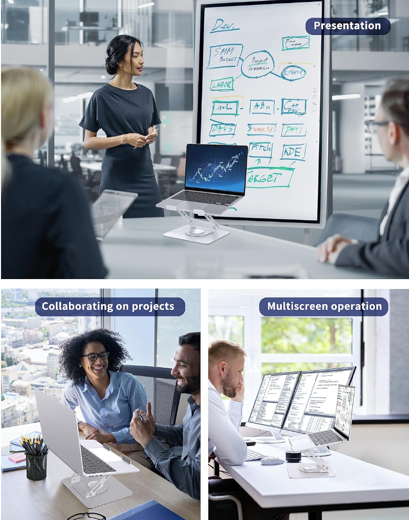 Laptop Stand with 360° Rotating Base, Ergonomic Computer Riser for Desk, Adjutable Height Muti-Angle, Foldable Laptop Mount, Stable Metal Holder Support 10-17" Notebook PC, White