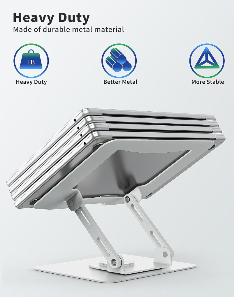 Laptop Stand with 360° Rotating Base, Ergonomic Computer Riser for Desk, Adjutable Height Muti-Angle, Foldable Laptop Mount, Stable Metal Holder Support 10-17" Notebook PC, White