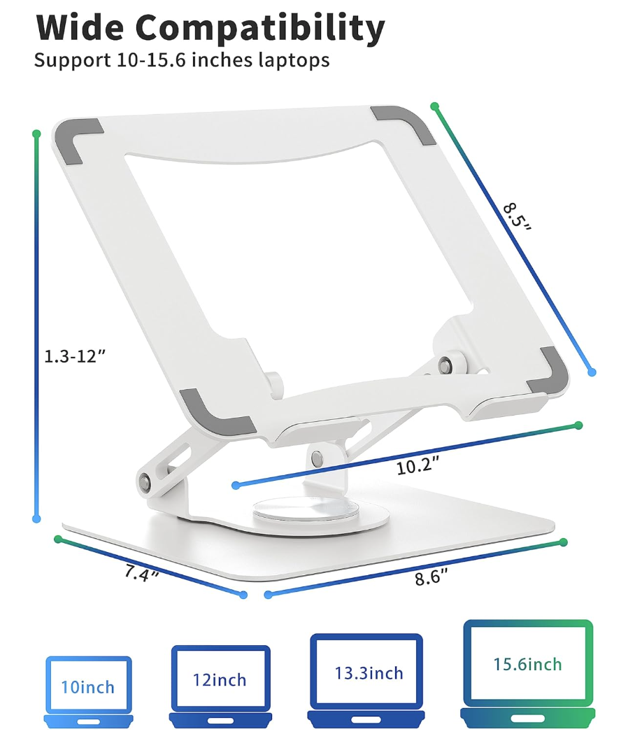 Laptop Stand with 360° Rotating Base, Ergonomic Computer Riser for Desk, Adjutable Height Muti-Angle, Foldable Laptop Mount, Stable Metal Holder Support 10-17" Notebook PC, White