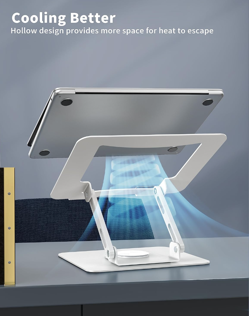 Laptop Stand with 360° Rotating Base, Ergonomic Computer Riser for Desk, Adjutable Height Muti-Angle, Foldable Laptop Mount, Stable Metal Holder Support 10-17" Notebook PC, White