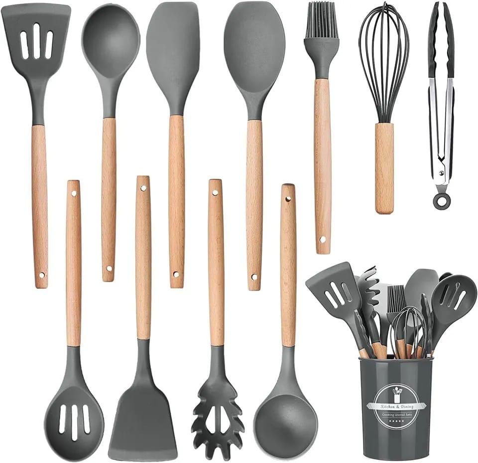 Silicone Non-Stick Serving Spoons Set - Black Grey 12 pcs