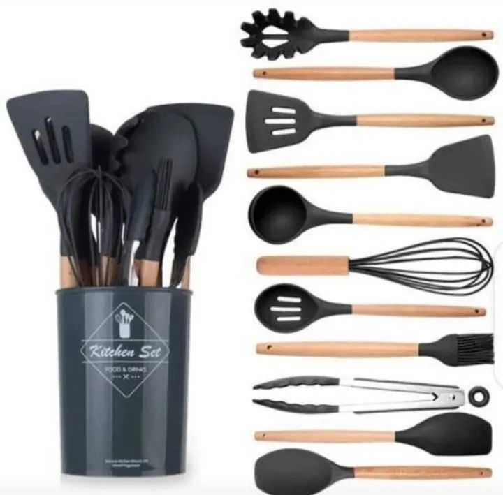 Silicone Non-Stick Serving Spoons Set - Black Grey 12 pcs
