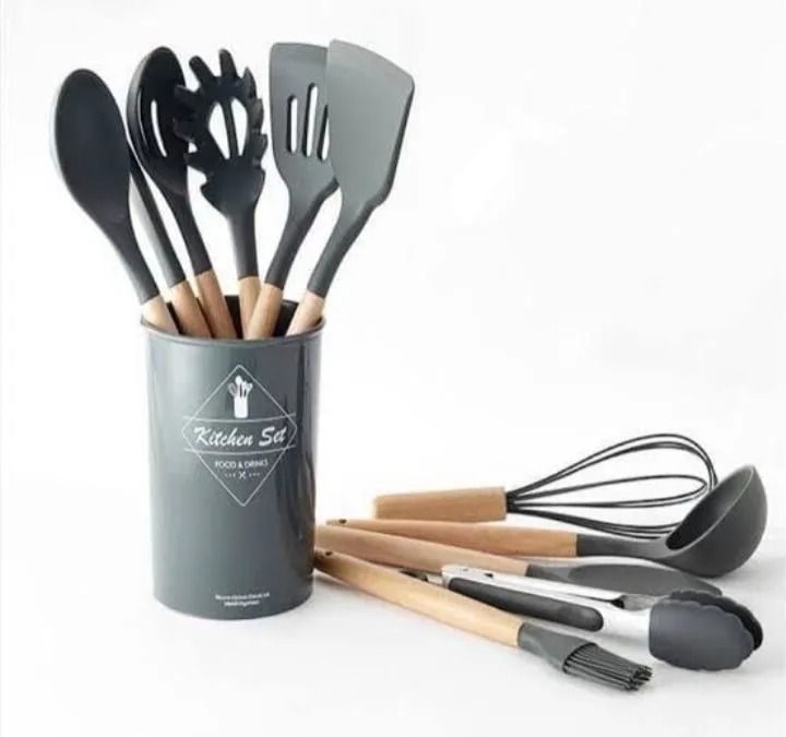 Silicone Non-Stick Serving Spoons Set - Black Grey 12 pcs