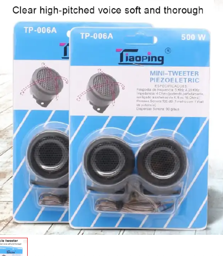 Mini piezoelectric tweeter speaker designed to reproduce high-frequency (treble) sounds in a vehicle. It works alongside regular car speakers or subwoofers to improve overall sound clarity