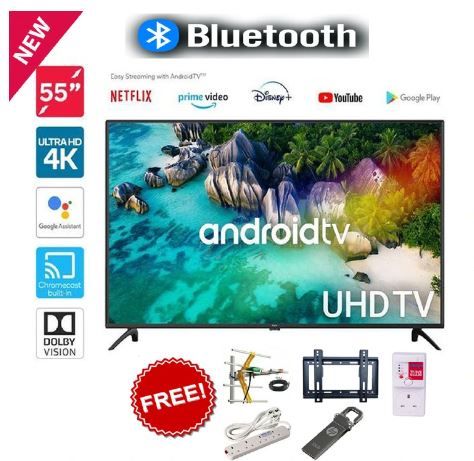 Vitron 55" Inch Frameless Smart Android TV with Bluetooth, Netflix and Youtube 4KUHD Television with One Year Waranty Plus FREE Wall Mount, Flash Disk, Bracket, Tv Guard, aerial and Socket extensions