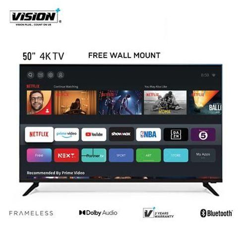 Vision Plus 50" Inch 4K UHD Frameless Smart TV with Bluetooth,  Netflix and Youtube UHD Television with One Year Waranty Plus FREE Wall Mount, Flash Disk, Bracket, Tv Guard, aerial and extension