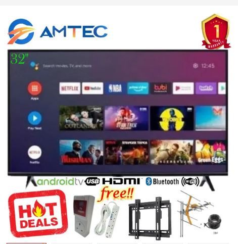 Amtec 32" Inch Bluetooth enabled Television Smart Android TV Frameless Digital TV Inbuilt Decoder with 1 Year Waranty Plus FREE Wall Mount, Flash Disk, Bracket, Tv Guard, aerial and Socket extension
