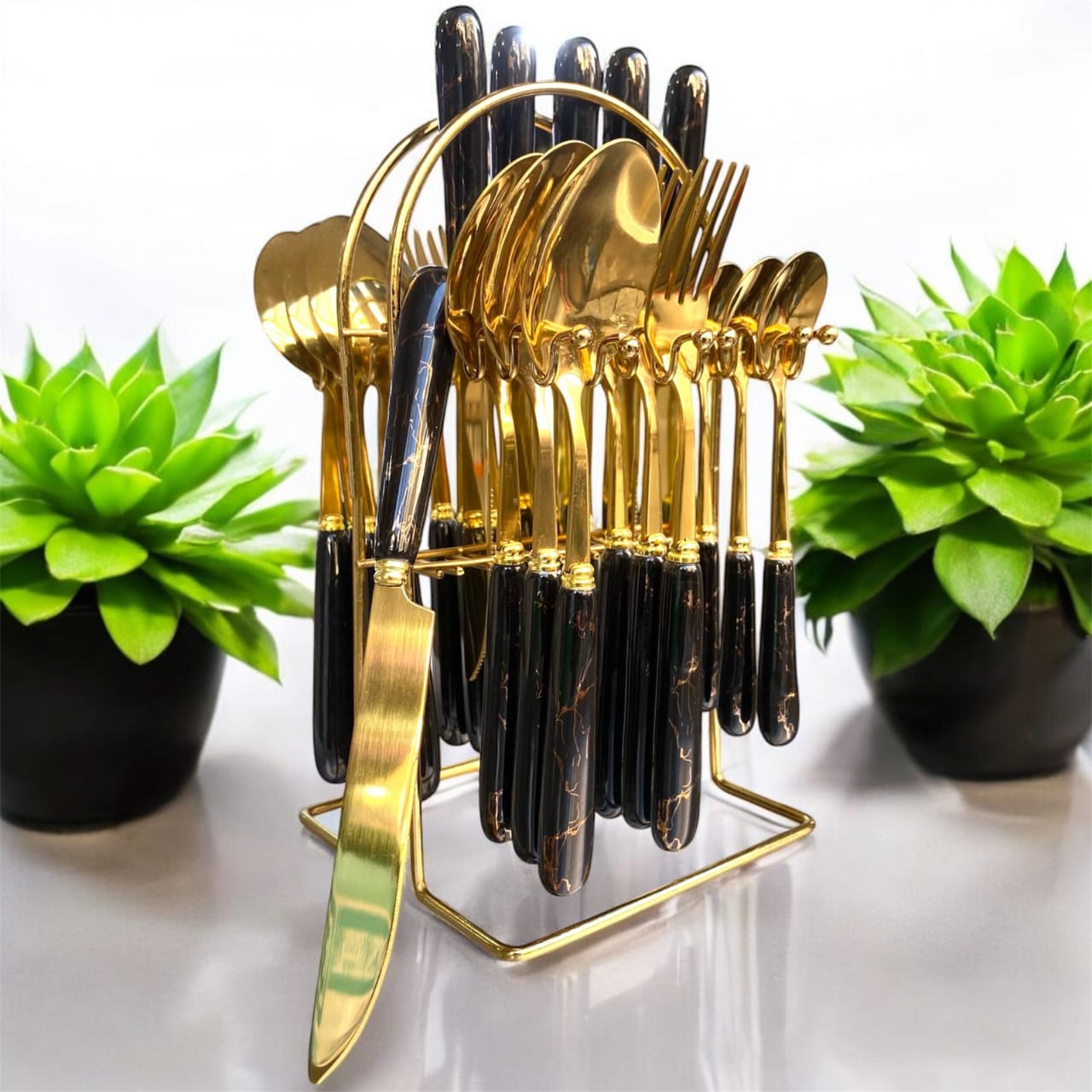 24pcs Luxurious Fork Spoon Knife Cutlery Set Gold Marble, 24pcs Luxurious Gold Fork Spoon Knife Cutlery Set With Stand