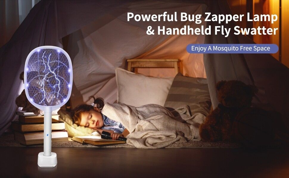 Rechargeable UV Light 2 In 1 Fly Swatter Lamp & Racket Mosquito Killer.3000V EFFECTIEVELY MOSQUITO KILLER: Push the switch to "ON1" and make the mosquito swatter in "Handheld Mode". Wave the swatter i