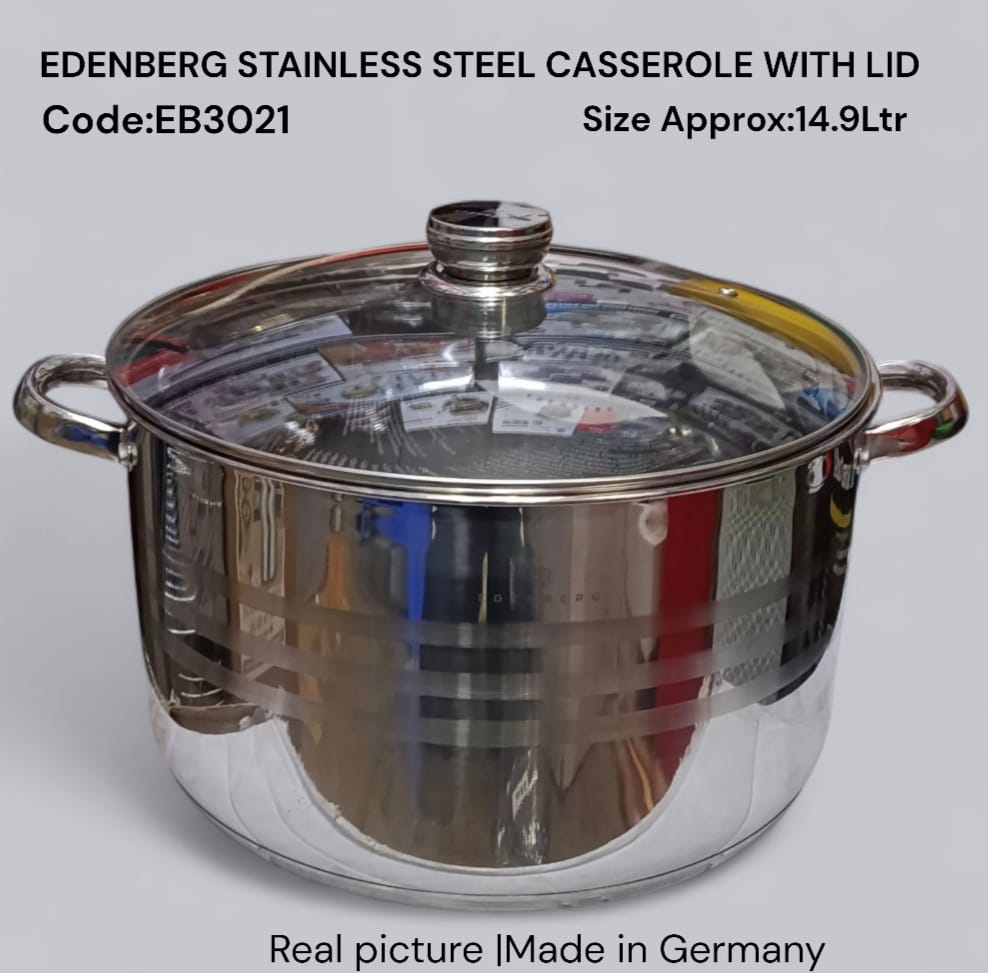 Edenberg Stainless Steel Casserole with Glass Lid
Capacity: 14.9 Litres
Perfect for cooking, serving & storing large meals — stylish, durable, and easy to clean.