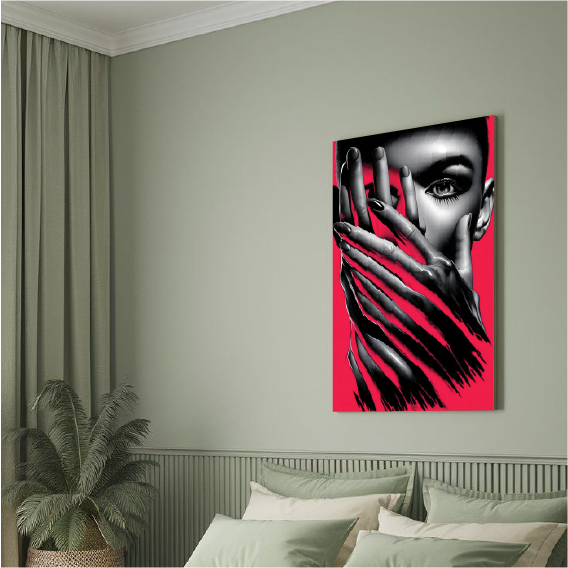 Shrouded Glance: Greyscale Portrait with Crimson Hands Wall Paper/Wall Sticker/ Wall Art/Wall Decor on BOARD. Comes mounted on either forex or MDF board of your desired size.