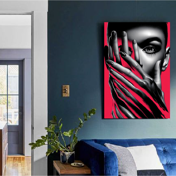 Shrouded Glance: Greyscale Portrait with Crimson Hands Wall Paper/Wall Sticker/ Wall Art/Wall Decor on BOARD. Comes mounted on either forex or MDF board of your desired size.