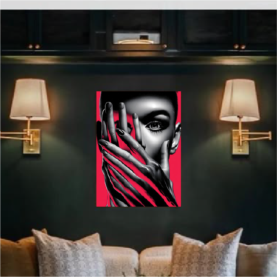 Shrouded Glance: Greyscale Portrait with Crimson Hands Wall Paper/Wall Sticker/ Wall Art/Wall Decor on BOARD. Comes mounted on either forex or MDF board of your desired size.