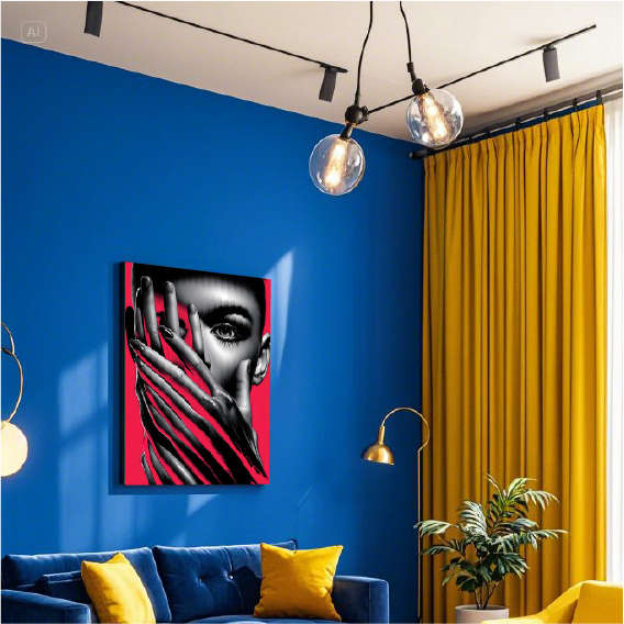 Shrouded Glance: Greyscale Portrait with Crimson Hands Wall Paper/Wall Sticker/ Wall Art/Wall Decor on BOARD. Comes mounted on either forex or MDF board of your desired size.