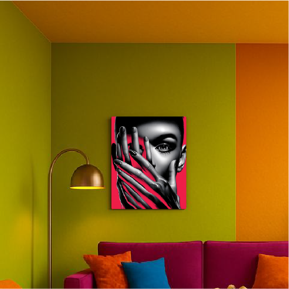 Shrouded Glance: Greyscale Portrait with Crimson Hands Wall Paper/Wall Sticker/ Wall Art/Wall Decor on BOARD. Comes mounted on either forex or MDF board of your desired size.