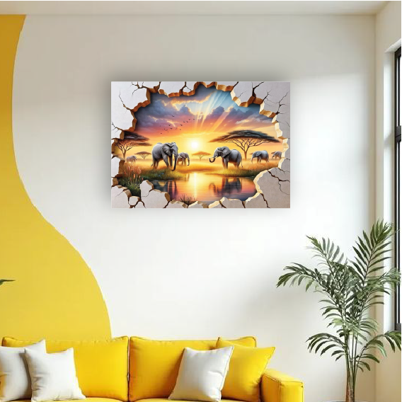 The Wall’s Wondrous Threnody: Elephants at Sundown Wall Paper/Wall Sticker/ Wall Art/Wall Decor on BOARD. Comes mounted on either forex or MDF board of your desired size.