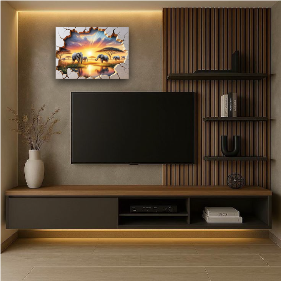 The Wall’s Wondrous Threnody: Elephants at Sundown Wall Paper/Wall Sticker/ Wall Art/Wall Decor on BOARD. Comes mounted on either forex or MDF board of your desired size.