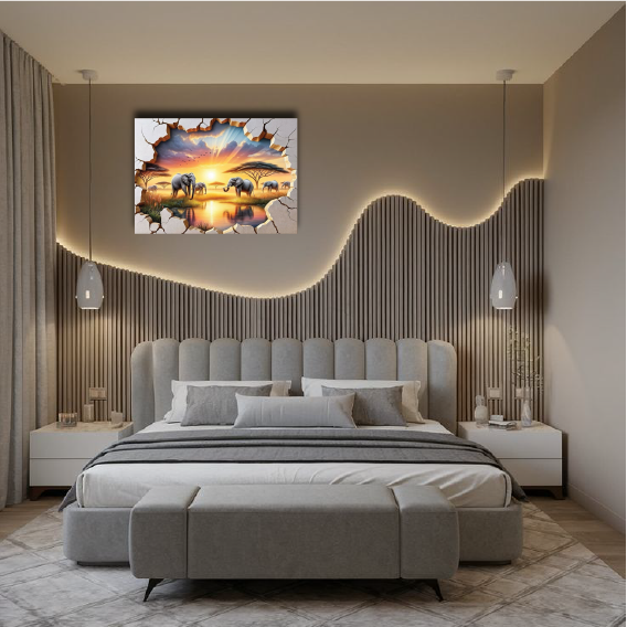 The Wall’s Wondrous Threnody: Elephants at Sundown Wall Paper/Wall Sticker/ Wall Art/Wall Decor on BOARD. Comes mounted on either forex or MDF board of your desired size.