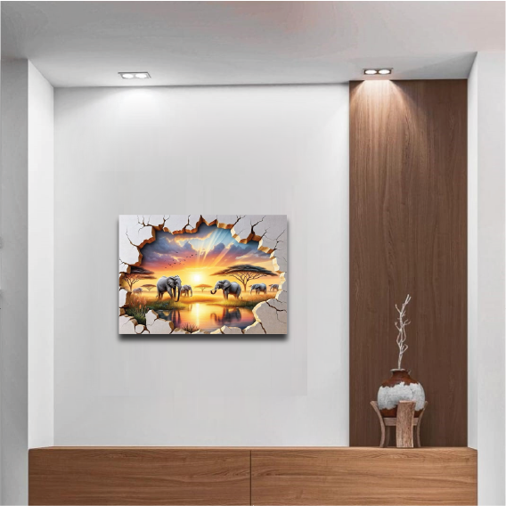 The Wall’s Wondrous Threnody: Elephants at Sundown Wall Paper/Wall Sticker/ Wall Art/Wall Decor on BOARD. Comes mounted on either forex or MDF board of your desired size.