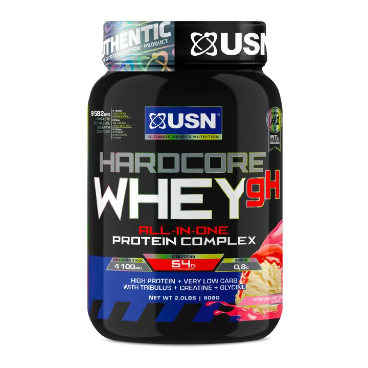 USN Hardcore Whey gH, all-in-one lean mass gainer with premium whey protein, creatine and a testo booster.