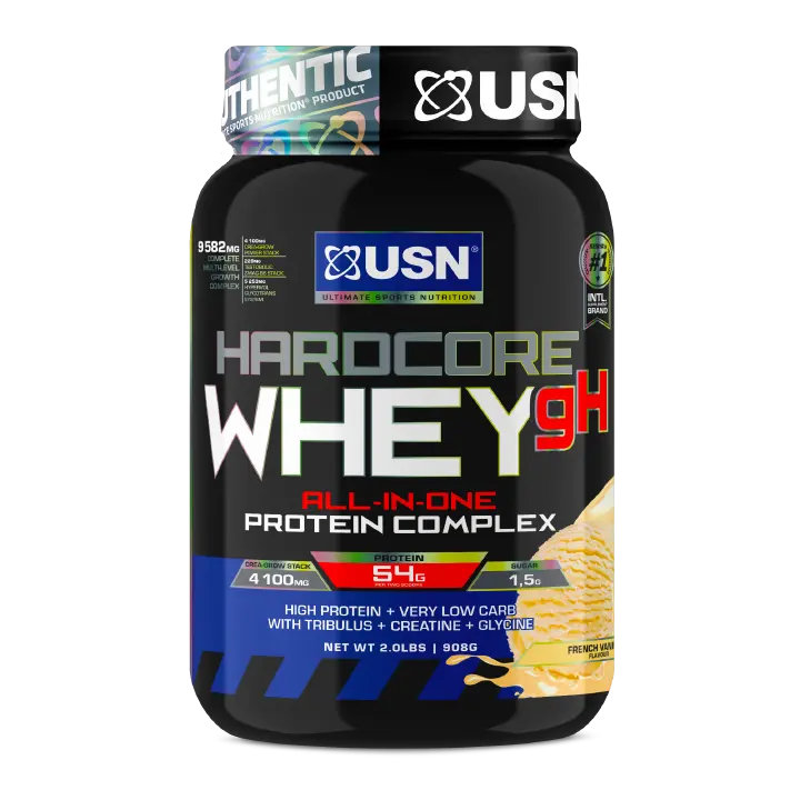 USN Hardcore Whey gH, all-in-one lean mass gainer with premium whey protein, creatine and a testo booster.