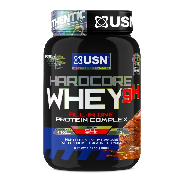 USN Hardcore Whey gH, all-in-one lean mass gainer with premium whey protein, creatine and a testo booster.