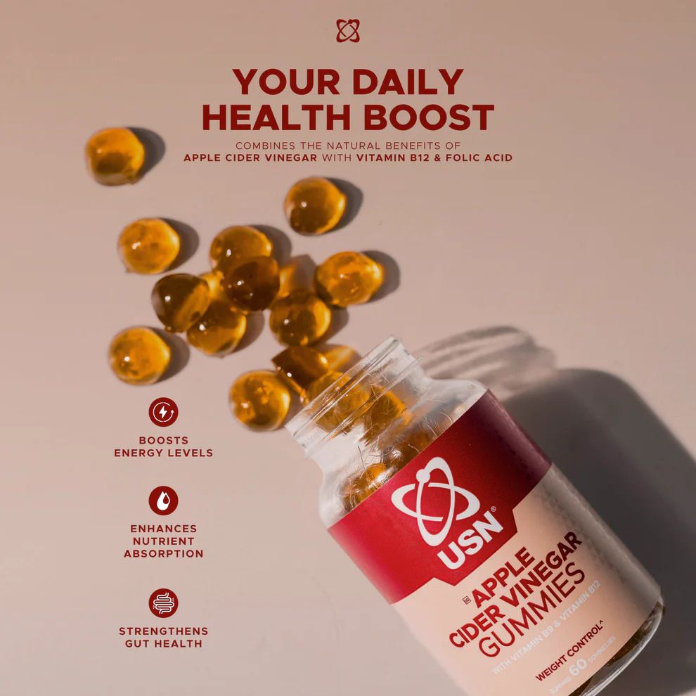 USN Apple Cider Vinegar Gummies with B12 & Folic Acid – 60 Gummies for Energy, Digestion & Immune Support