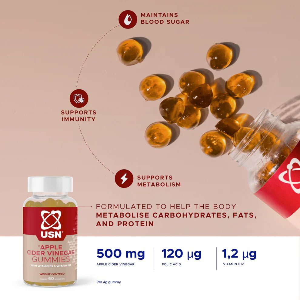 USN Apple Cider Vinegar Gummies with B12 & Folic Acid – 60 Gummies for Energy, Digestion & Immune Support