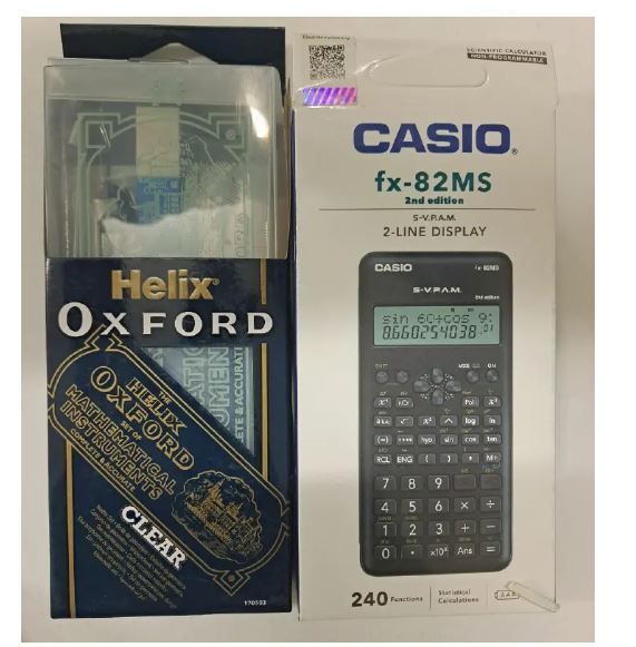 2pc [calculator + set] Casio fx-82ms +mathematical set for second edition school high quality set and calculator