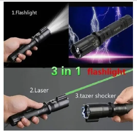 3 in 1 1101 Shock Flashlifgt For Self Defense With Long Lighting Time & Unique Built-in Rechargeable Reliable Performance Electric Shock Flashlight Self Defense Torch With Laser Pointer.