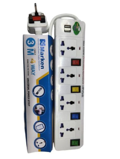 Marken 4way Extension With 2 USB Ports With 3M Cable4 way Extension with Universal Power Strip Heavy duty PVC cable and fire resistant material Power indicator neon light 3M Cable Extension 13A