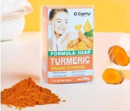 0'Carly Body and Face Turmeric Soap Bar, Tumeric Soap (250g) is Designed For Acne Removal, Deep Cleaning, Moisturizing, Shrinking large Pores, Like Vitamin C, Brighten Skin Tone, For Body and Face