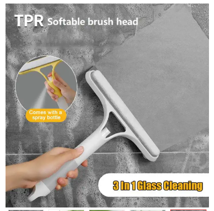 3 in 1 Double Sided Shower Squeegee with Water Sprayer, Window & Glass Cleaner 3-in-1 Double-Sided Shower Squeegee with Water Sprayer, Window & Glass Cleaner- is a multifunctional cleaning tool design