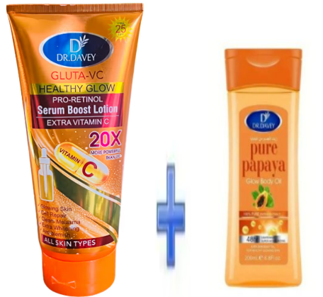Dr. Davey Gluta-VC Healthy Glow PRO-RETINOL Serum Boost Lotion with Extra Vitamin C + Dr. Davey Pure Papaya Glow body Oil 48HR Lightening Super Moisturizing Even Skin Body Oil