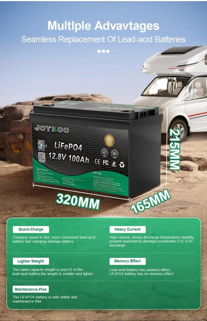 JOYKOO LiFePO4 12v 100ah 1280Whr lithium solar battery with Bluetooth monitoring 5yrs warranty 15yrs lifespan