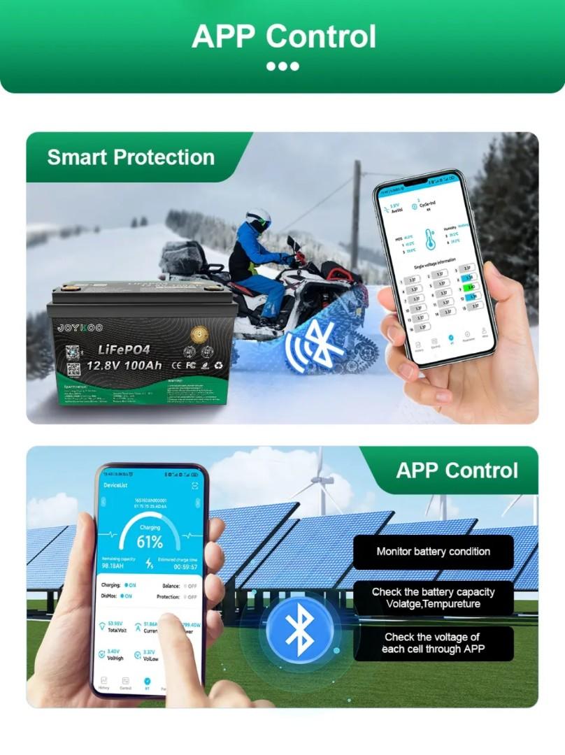 JOYKOO LiFePO4 12v 100ah 1280Whr lithium solar battery with Bluetooth monitoring 5yrs warranty 15yrs lifespan