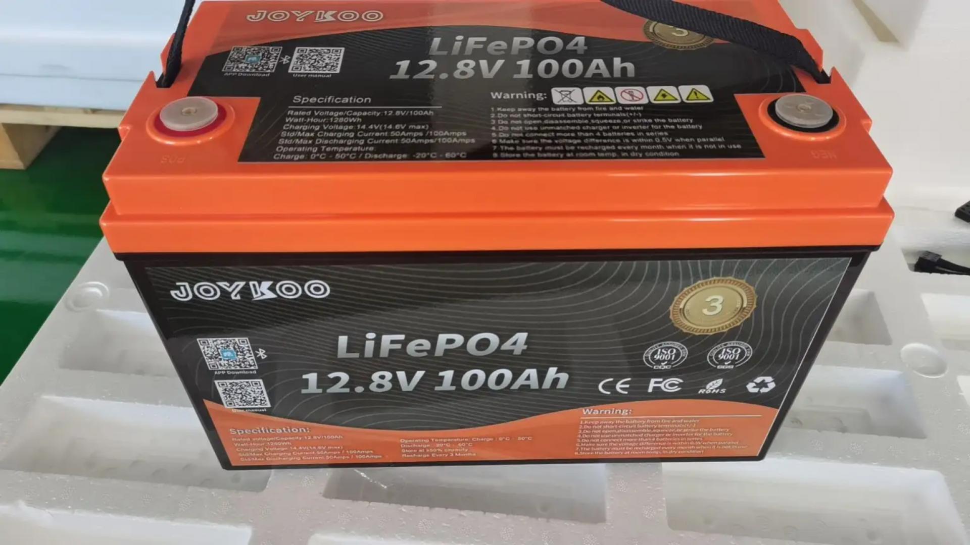JOYKOO LiFePO4 12v 100ah 1280Whr lithium solar battery with Bluetooth monitoring 5yrs warranty 15yrs lifespan
