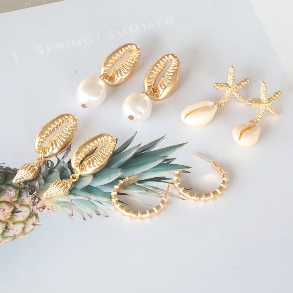 4Pcs/Set Summer Beach Shells Irregular Bow Pearl Mother of Pearl Starfish Earrings