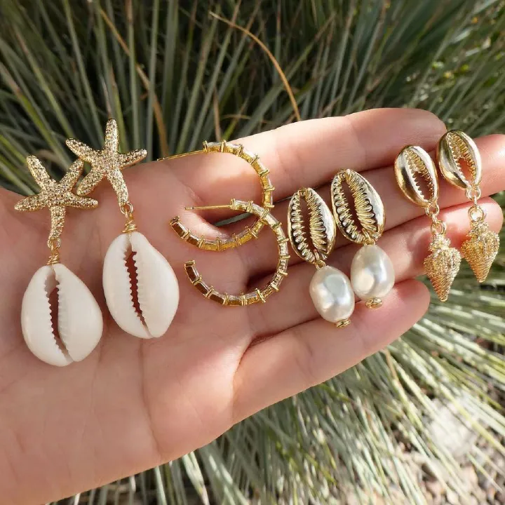 4Pcs/Set Summer Beach Shells Irregular Bow Pearl Mother of Pearl Starfish Earrings