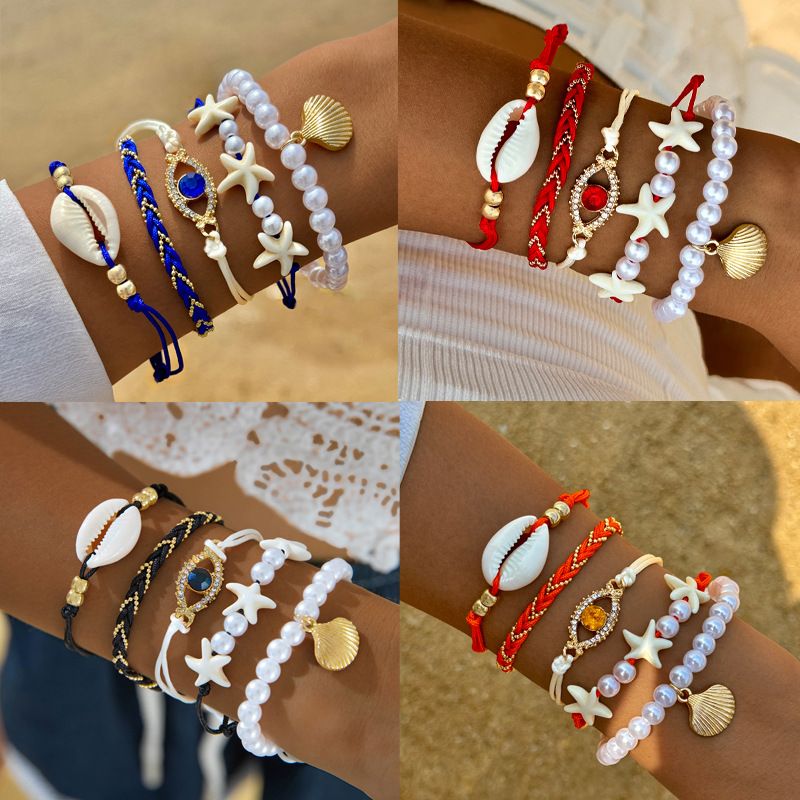 5Pcs/set Beach-style Shell Demon's Eye Pavement Layered Wear Bracelet Set, Summer Faux Pearl Bracelet
