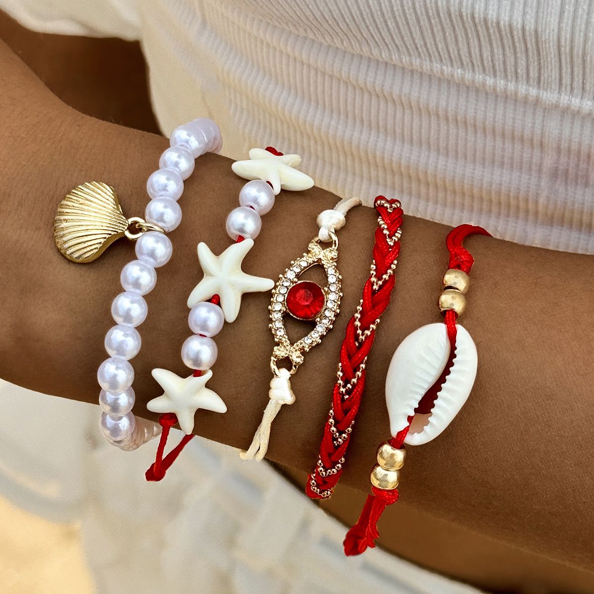 5Pcs/set Beach-style Shell Demon's Eye Pavement Layered Wear Bracelet Set, Summer Faux Pearl Bracelet