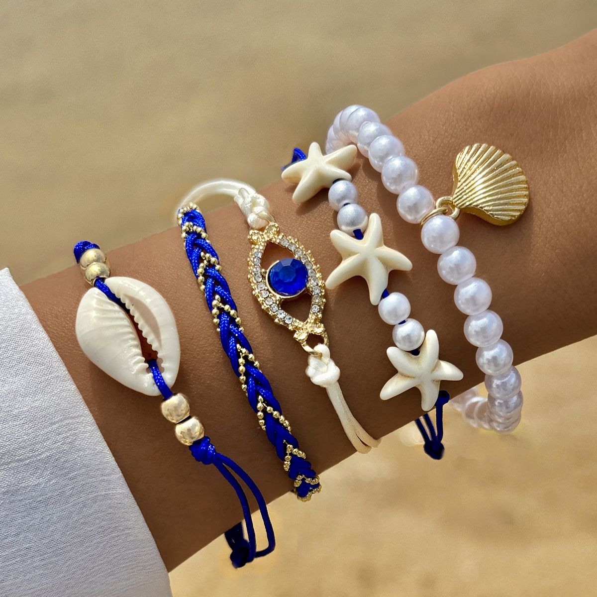 5Pcs/set Beach-style Shell Demon's Eye Pavement Layered Wear Bracelet Set, Summer Faux Pearl Bracelet