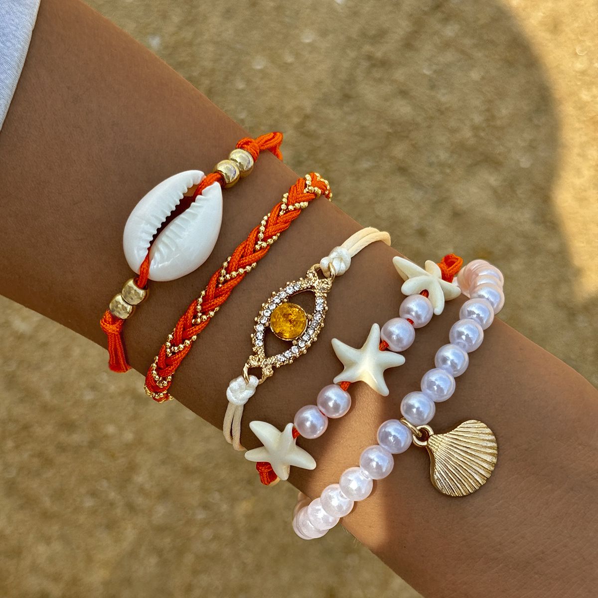 5Pcs/set Beach-style Shell Demon's Eye Pavement Layered Wear Bracelet Set, Summer Faux Pearl Bracelet