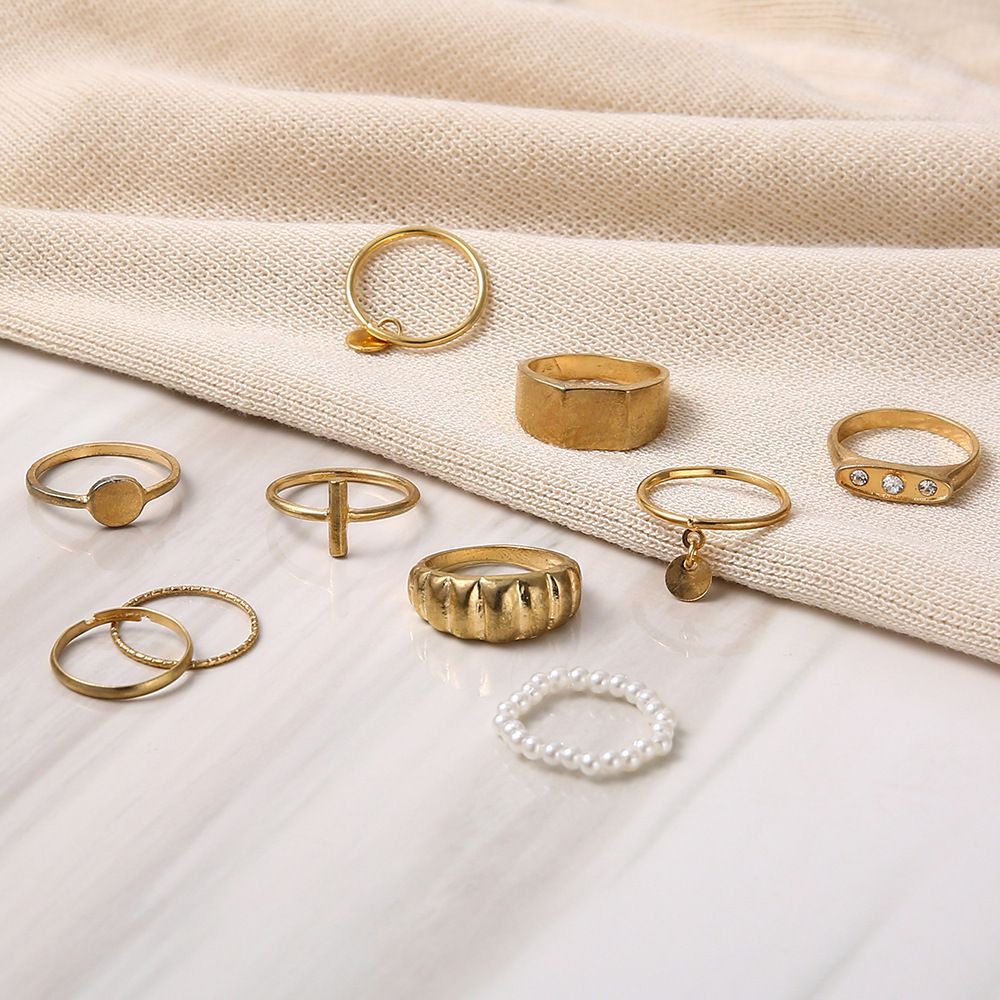 10Pcs/set Golden glossy horn bag screw ring pearl round plate rings