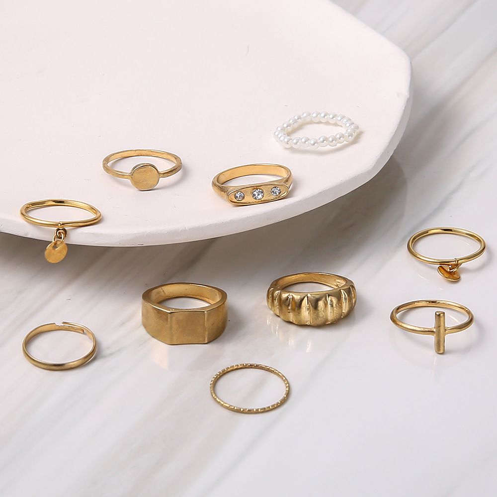 10Pcs/set Golden glossy horn bag screw ring pearl round plate rings
