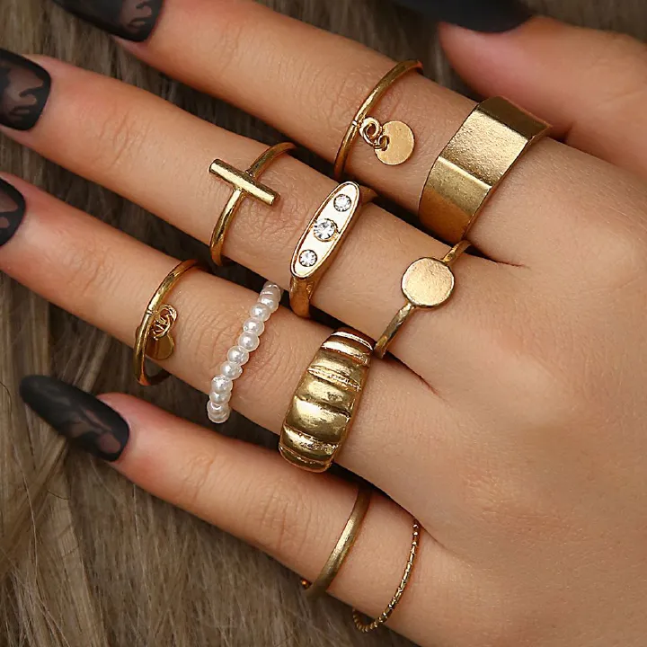 10Pcs/set Golden glossy horn bag screw ring pearl round plate rings