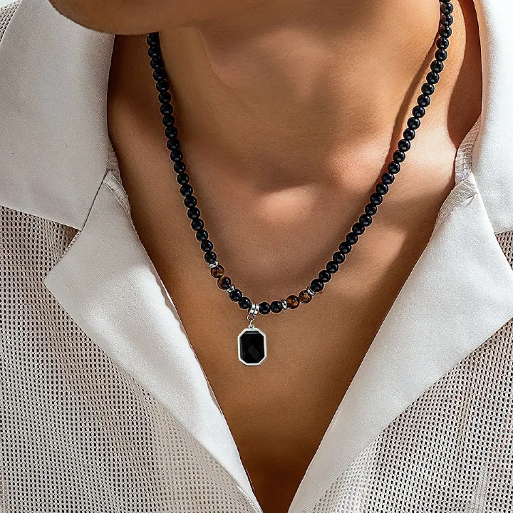 1pcs/set Male Hip-Hop Tiger Stone Bead Necklace Minimalist Personalized Men's Collar Chain Fashion Necklaces