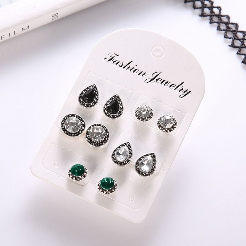 5pcs/set New Trendy Black Gemstone Fringe Crystal Minimalist  Retro Earrings