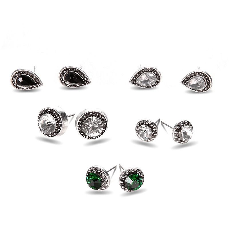 5pcs/set New Trendy Black Gemstone Fringe Crystal Minimalist  Retro Earrings